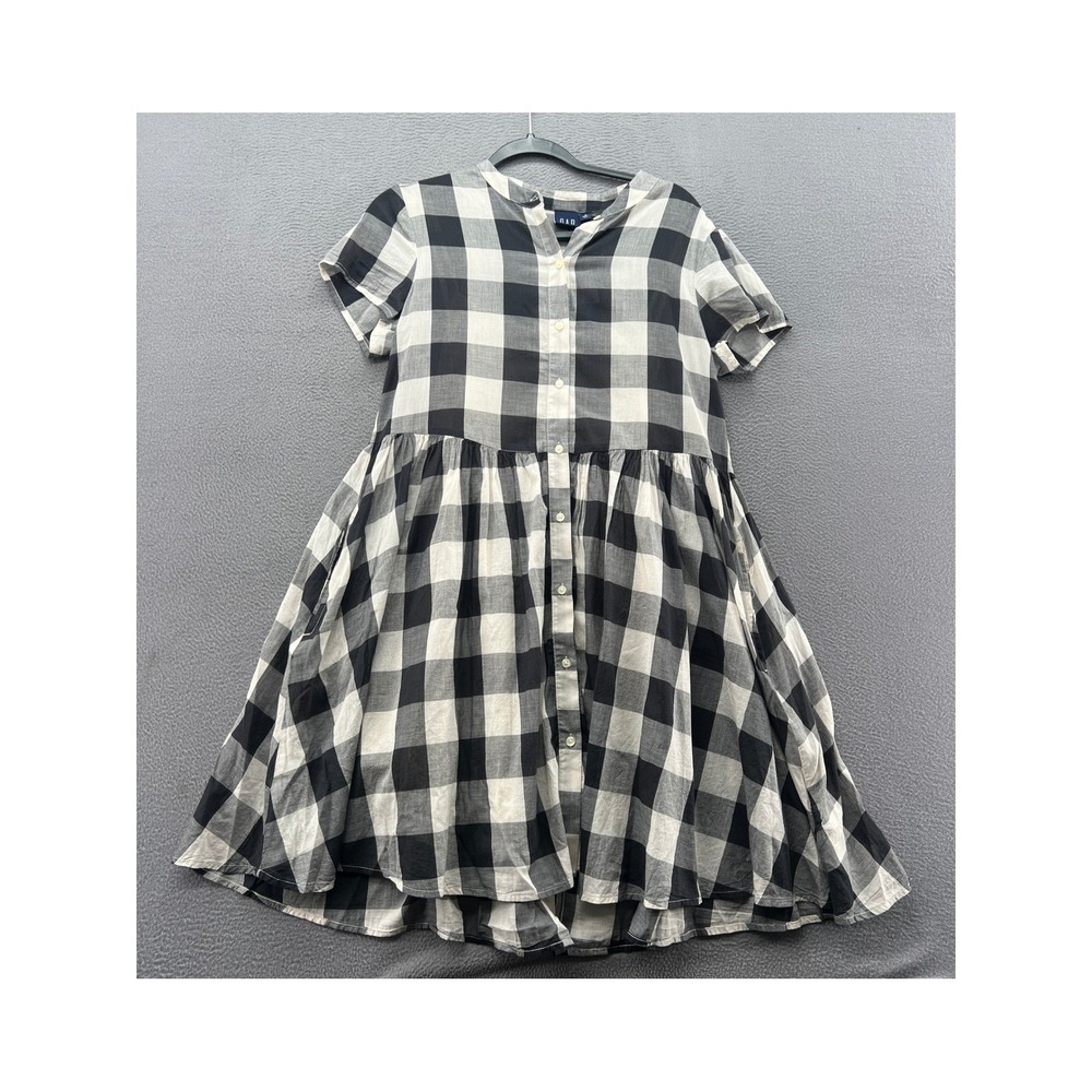 GAP Dress Womens Sz S Black White Buffalo Plaid Button Front Babydoll Pockets